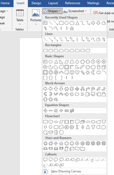 shape option in inserting contents in Microsoft word document