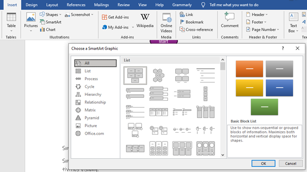 Smart art option while inserting contents in Microsoft word document.