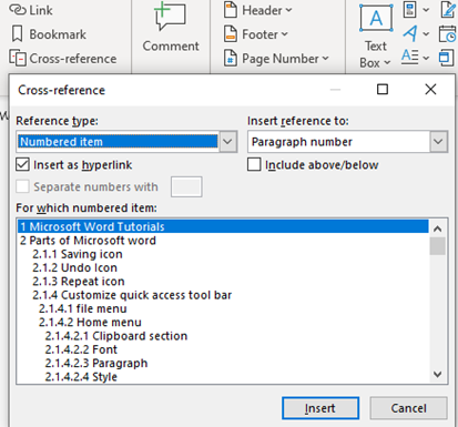 inserting cross reference