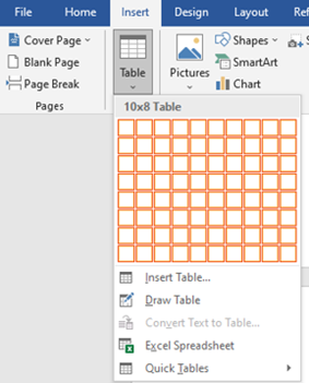 inserting tables in Microsoft word document