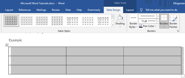 example of table in Microsoft word docuemtn