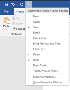 quick access tool bar of Microsoft word