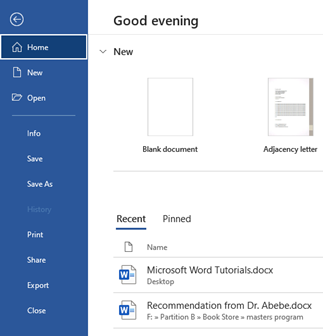 file menu of Microsoft word