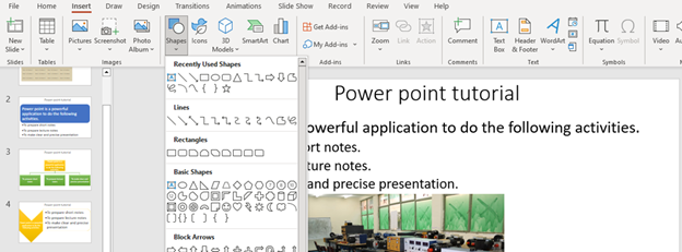 shape option of power point.