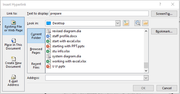 Link option box option of power point.