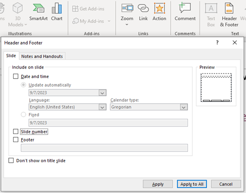 Footer option box of power point.