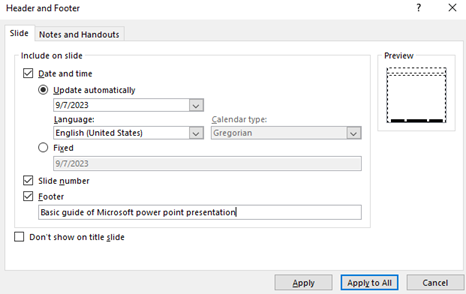 setup the data in the footer option box of power point.