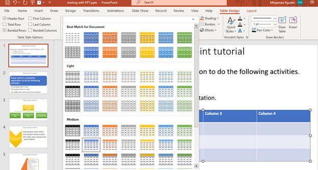 Select the the type of table
