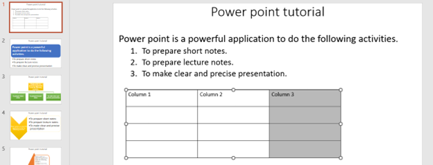 Select the column of power point table to add new column