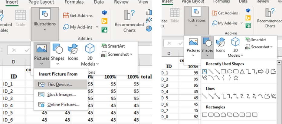 Insert pictures and shapes in MS excel.