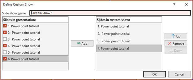 Select the slide to add on custom slide show.