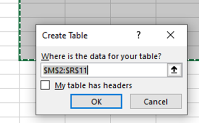 Create table in MS excel