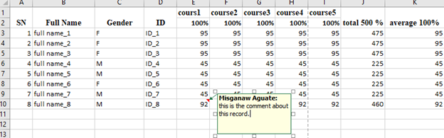 Give a comments on selected cell.