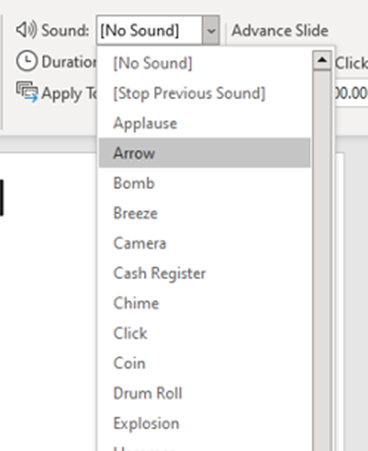 Power point transition selection tool window.