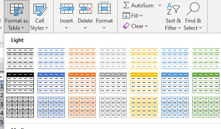 Table design option of MS excel.