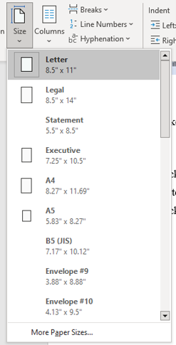 Paper size selection tool of Microsoft word.