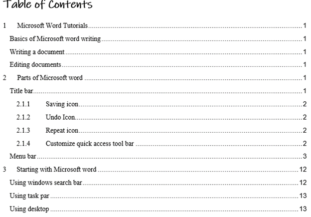 Example of table of content.